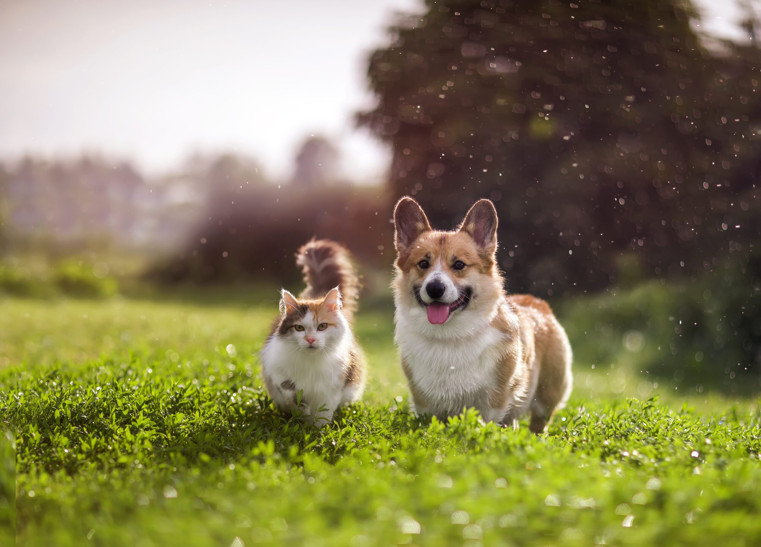 red cat and corgi dog walking in a summer meadow